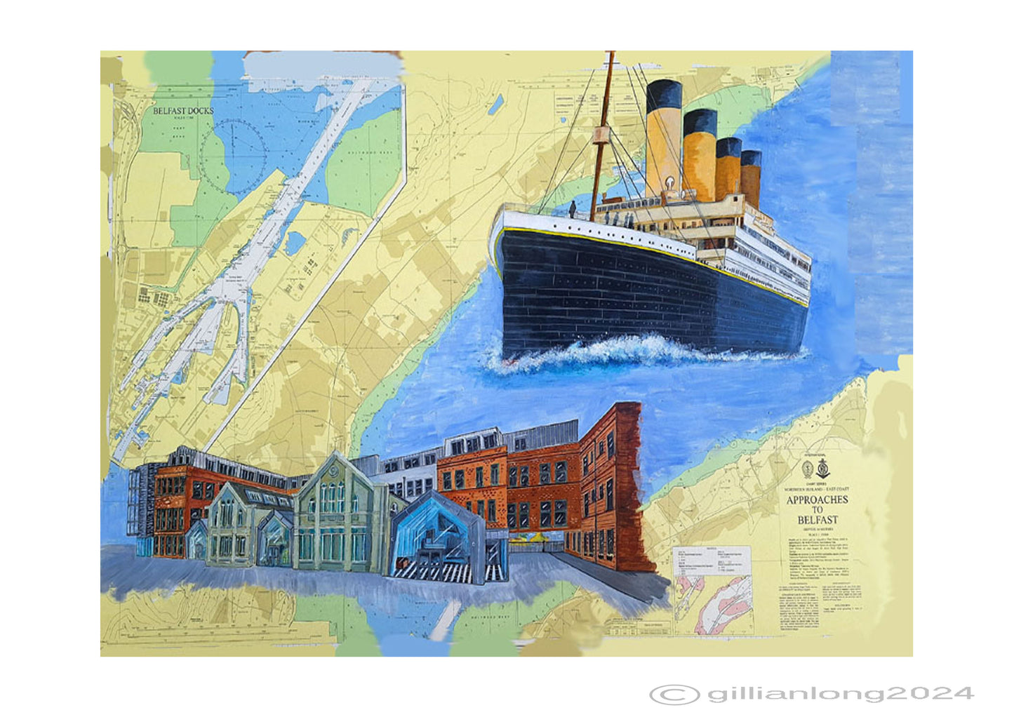 Nautical Chart, Belfast Lough,  Titanic Hotel and liner.