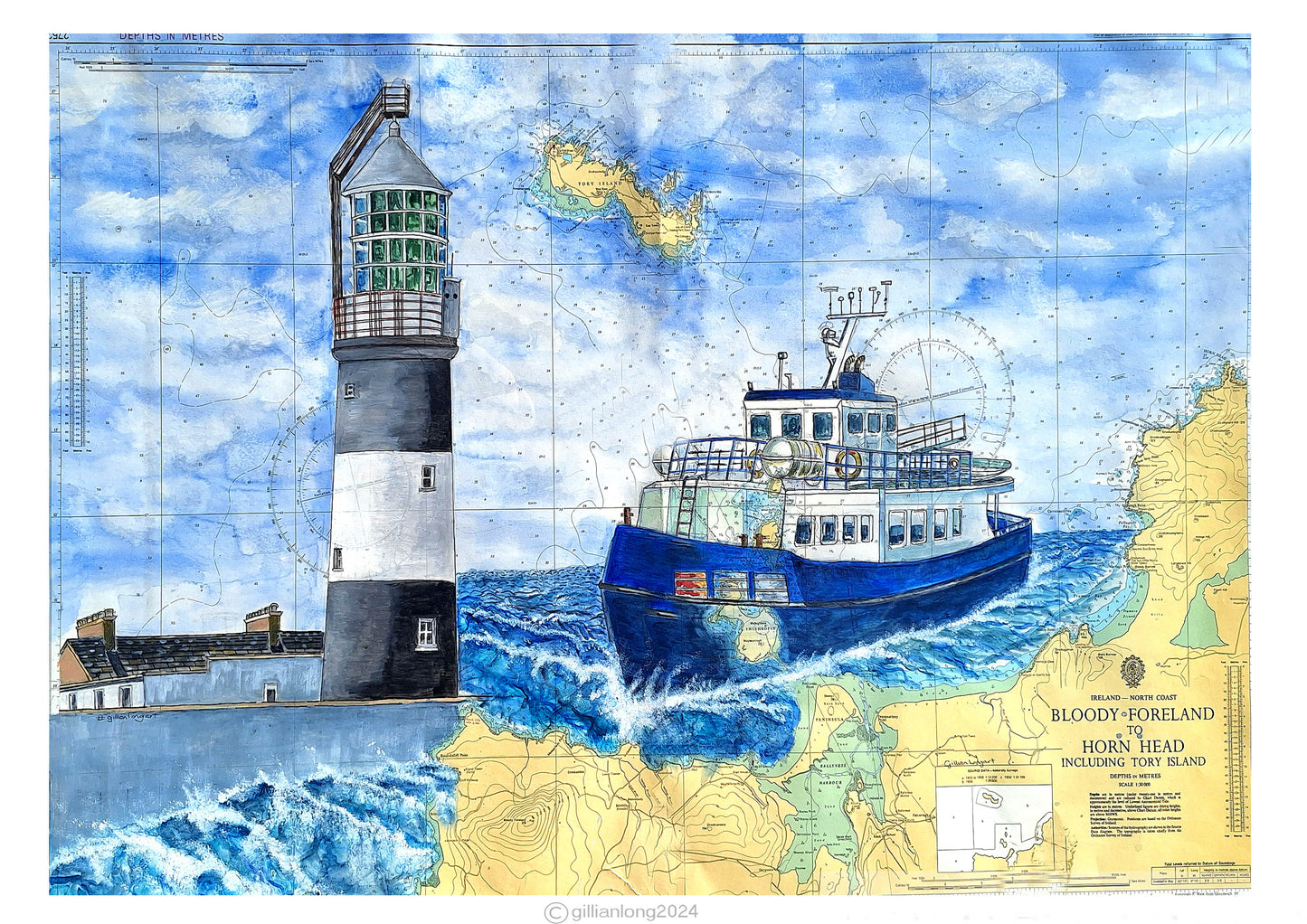 Print- Tory Lighthouse and ferry painted on a navigational chart of the coast of Ireland.