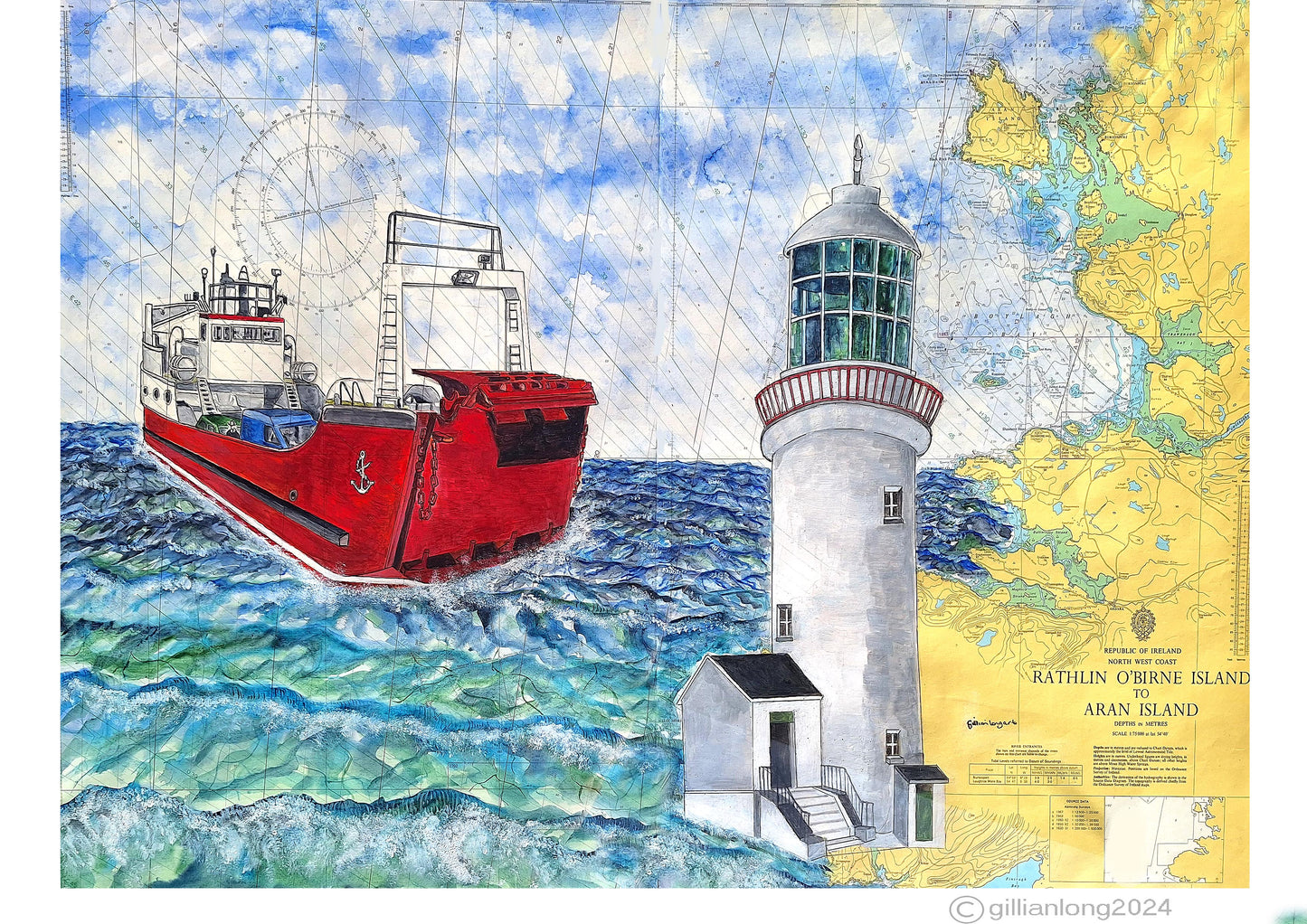 Print of Arranmore Lighthouse and ferry original maritime painting.