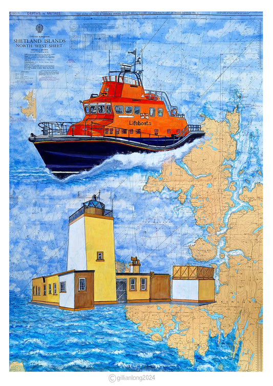 Print of North Western Shetlands Lighthouse and RNLI Lifeboat.